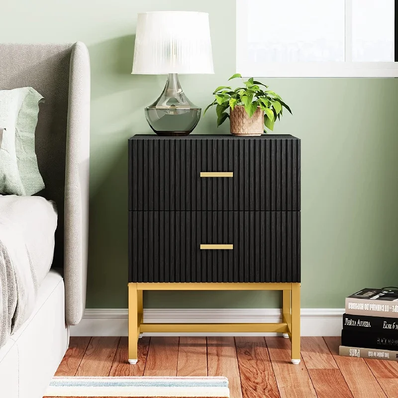 2-Drawer Nightstand, Modern Black and Gold Bedside Table for Bedroom