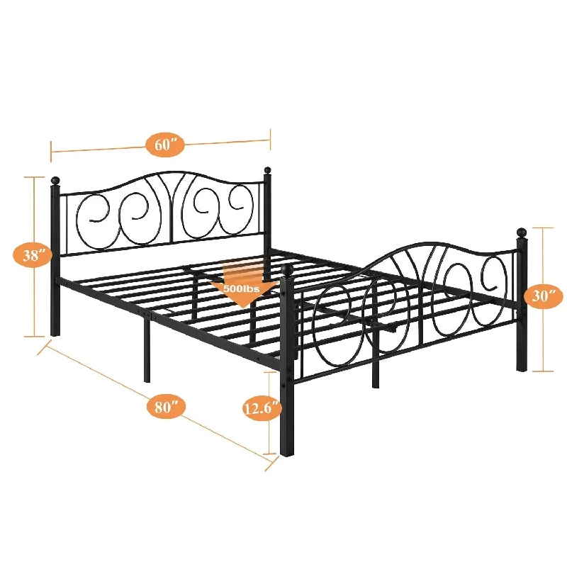 Black Vintage Scroll Metal Platform Bed Frames with Headboard