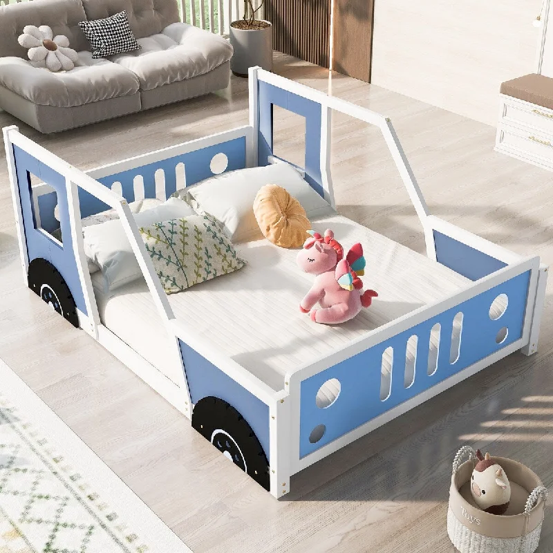 Blue Full Car-Shaped Platform Bed with Wheels, Guardrails