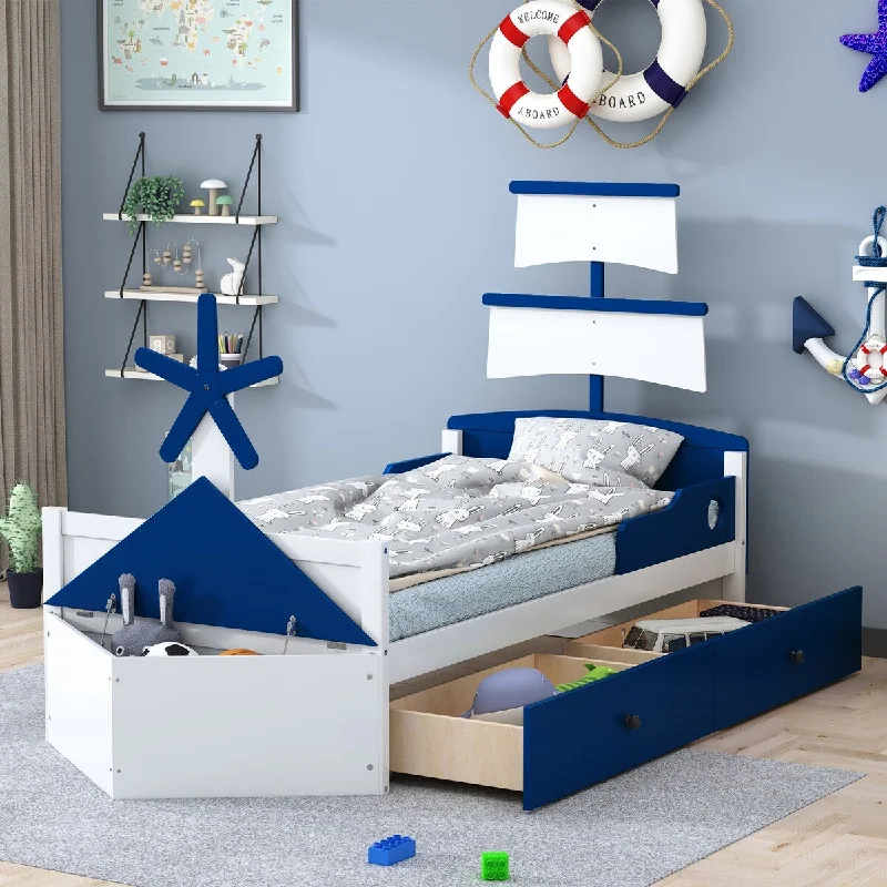 Blue Twin Boat-Shape Platform Bed wDrawers, Triangular Storage Cabinet