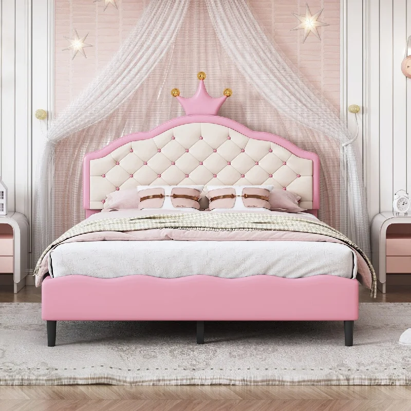 Full Leather Princess Platform Bed with Tufted Headboard, Crown - Pink