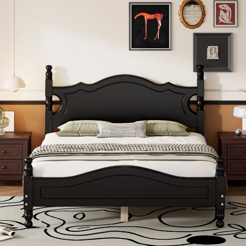 Full Size Black Wood Retro Design Platform Bed