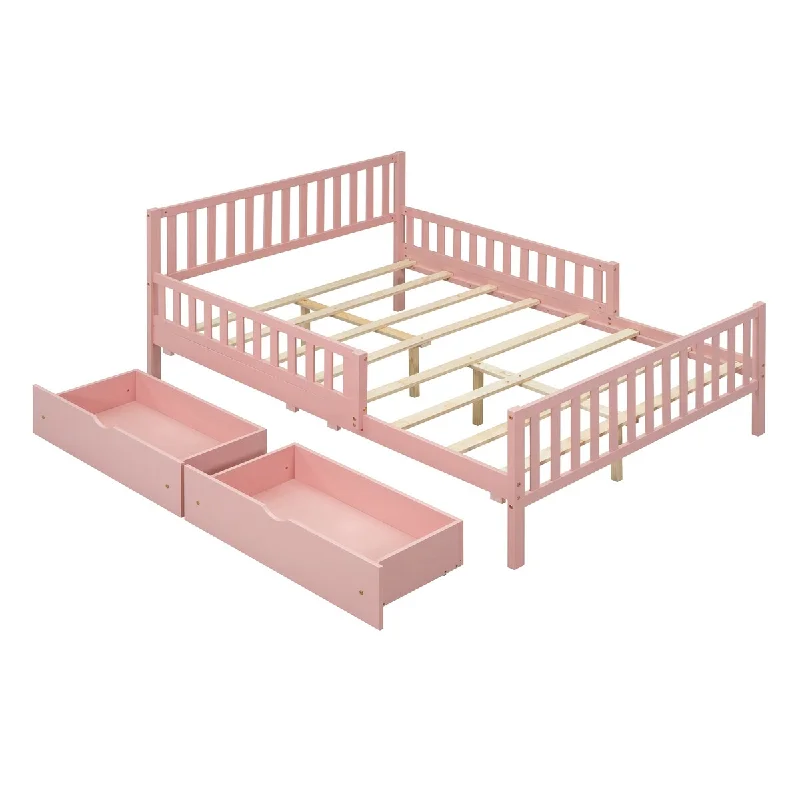 Full Size Platform Bed with Guardrails and 2 Storage Drawers, Pink