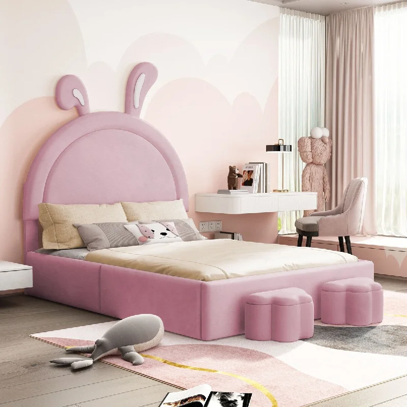 Full Size Velvet Upholstered Bed with Rabbit Ears Shaped Headboard, Kids Cute Bed Frame, Platform Bed with 2 Storage Stools,Pink