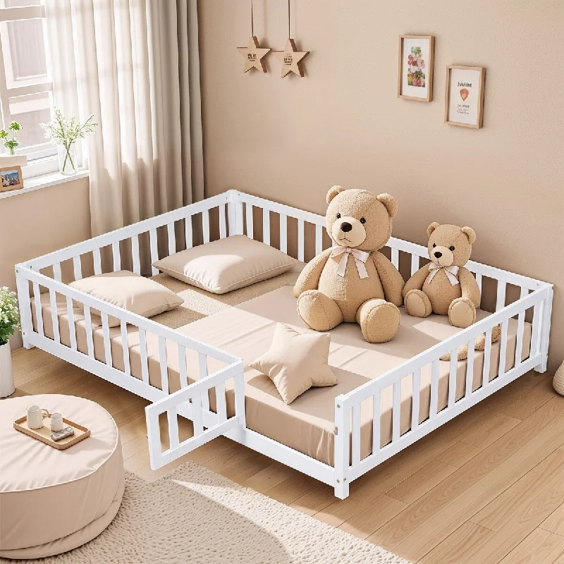 Full Size Wooden Floor Platform Bed with Fence,Door,Support Slats for Toddlers