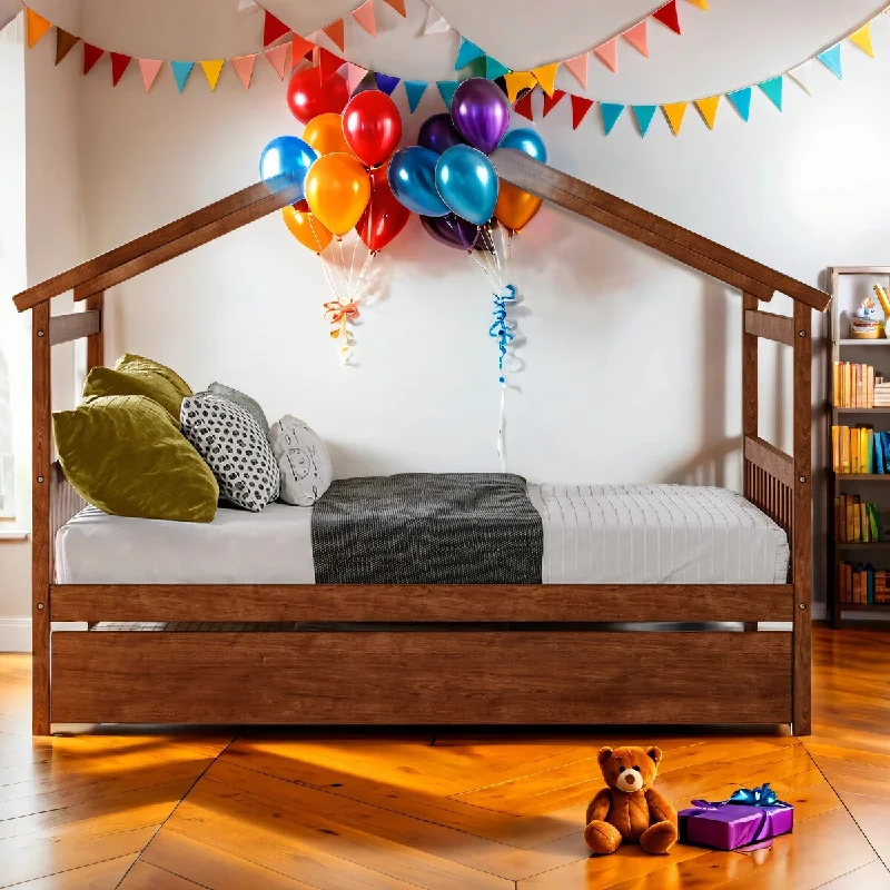 Full Size Wooden House Bed Platform Bed with Twin Size Trundle and Solid Construction