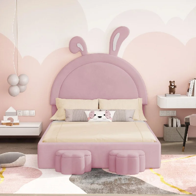 Full Velvet Platform Bed wStorage Stools, Rabbit Ears Headboard, Pink