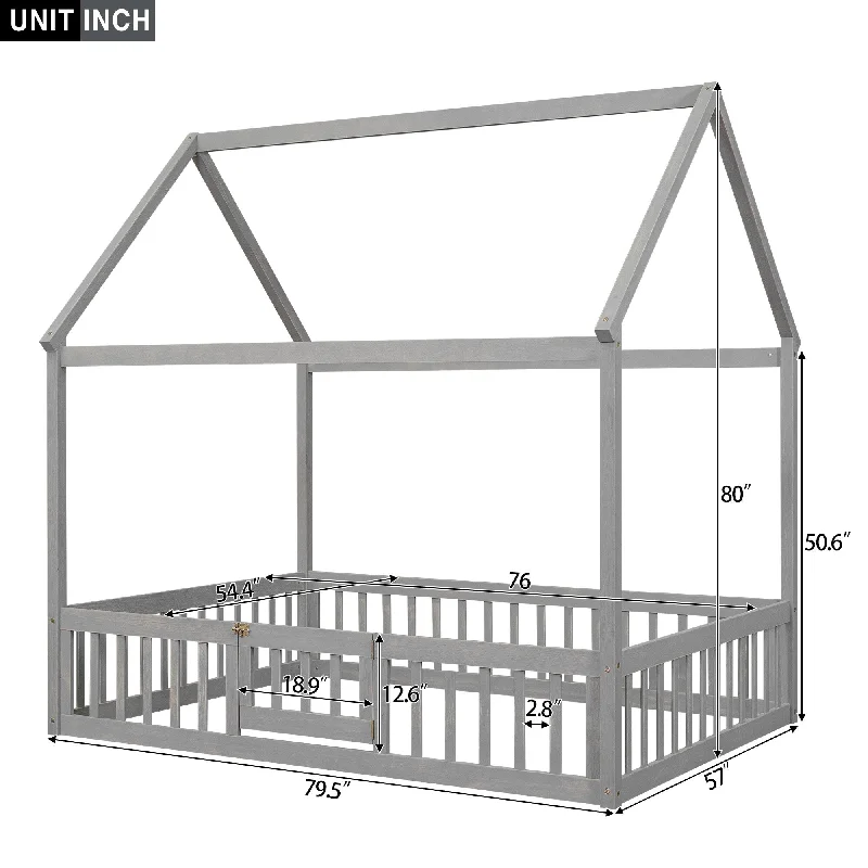 Gray Full Distressed Wash House Bed with Roof, Fence, Door