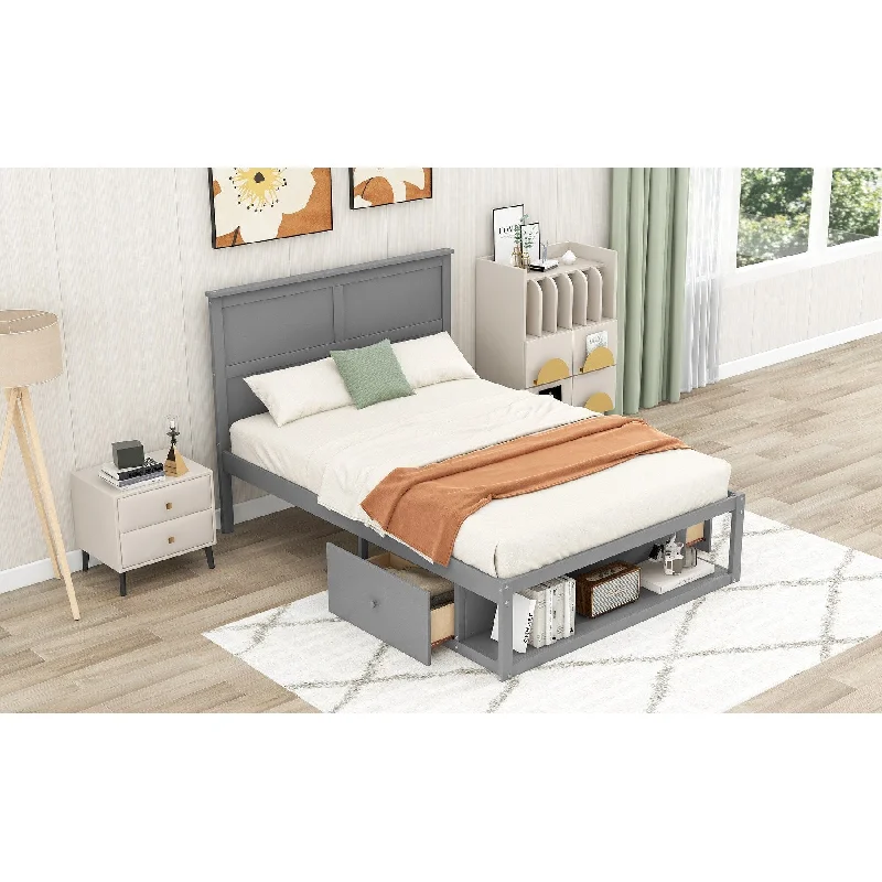 Gray Full Platform Bed with Drawers, Shelf, Solid Construction