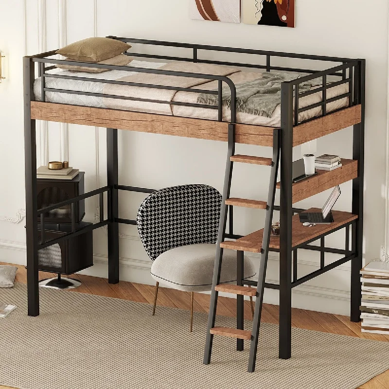 Heavy Duty Metal Storage Beds w/ Safety Guardrails & ladders, Loft Platform Bed for Bedroom/ Dorm, No Box Spring Needed, Black