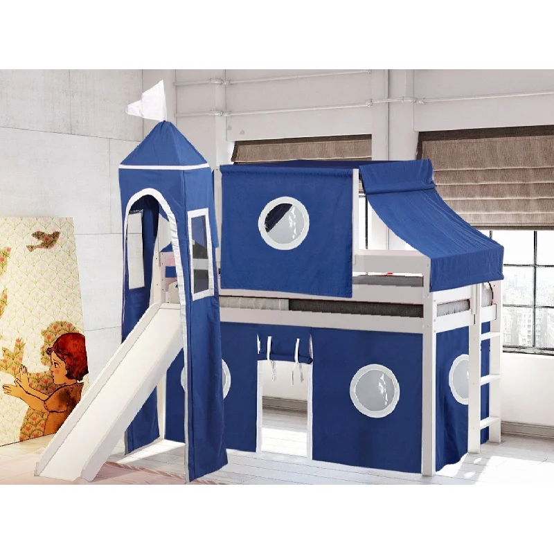 JACKPOT Prince & Princess Low Loft Twin Bed, Ladder Slide Tent & Tower