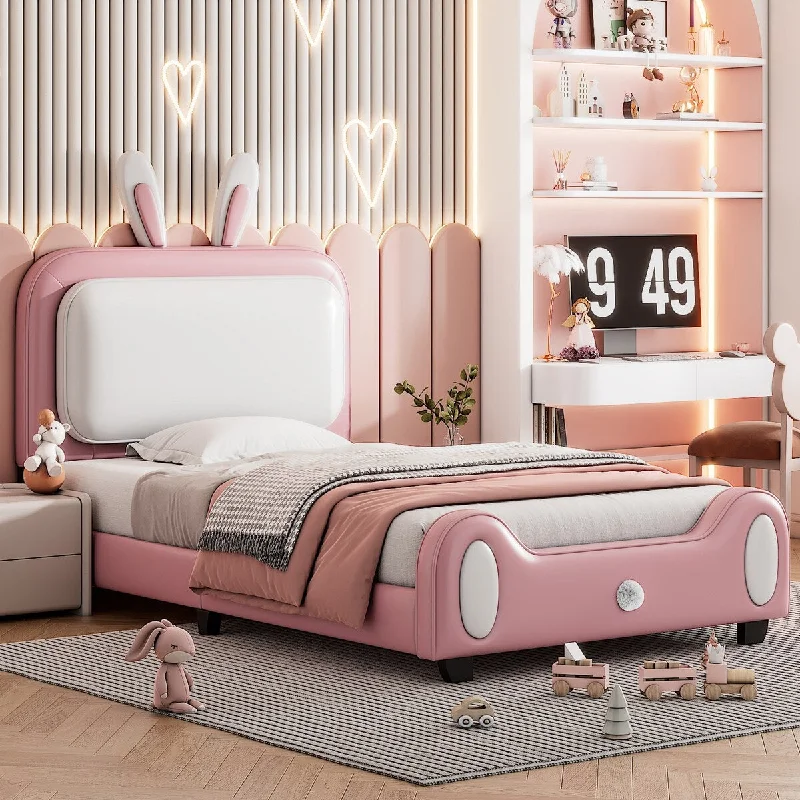 Leather Upholstered Bed with Square Bunny Ears Headboard