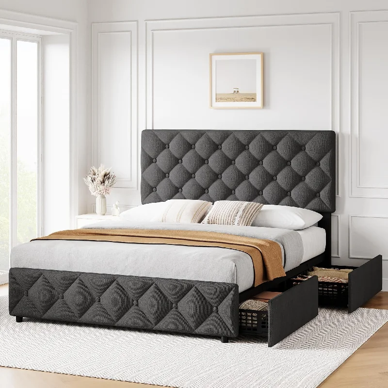 Linen Upholstered Platform Bed Frame Diamond Stitched Button Tufted