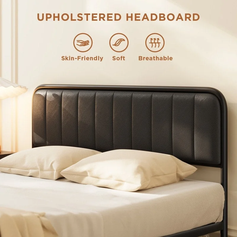 Metal Bed Frame with Tufted Upholstered Headboard, Storage and Footboard