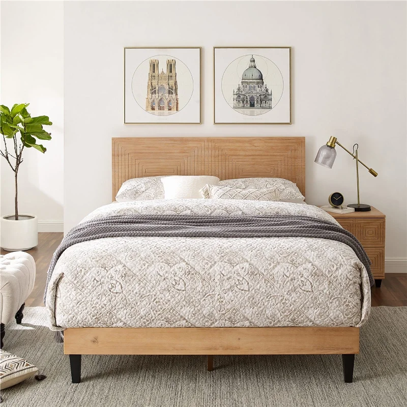 MUSEHOMEINC Mid Century Modern Solid Wood Platform Bed,King Size Bed Frame with Adjustable Height Headboard,No Box Spring Needed