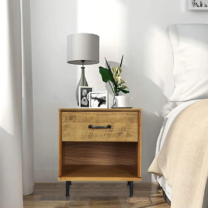 MUSEHOMEINC Rustic Solid Wood Nightstand with Drawer and Shelf for Bedroom Mid-Century Modern Style/Metal Leg Design/End Table