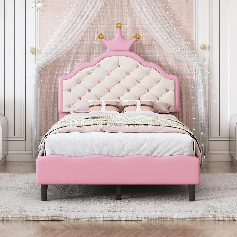 Pink Leather Princess Platform Bed with Tufted Headboard, Crown Design