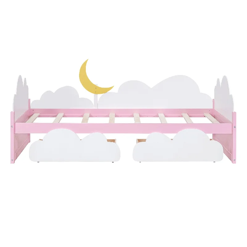 Pink Natural Theme Twin Size Platform Bed with 2 Drawers, Clouds and Moon Decor