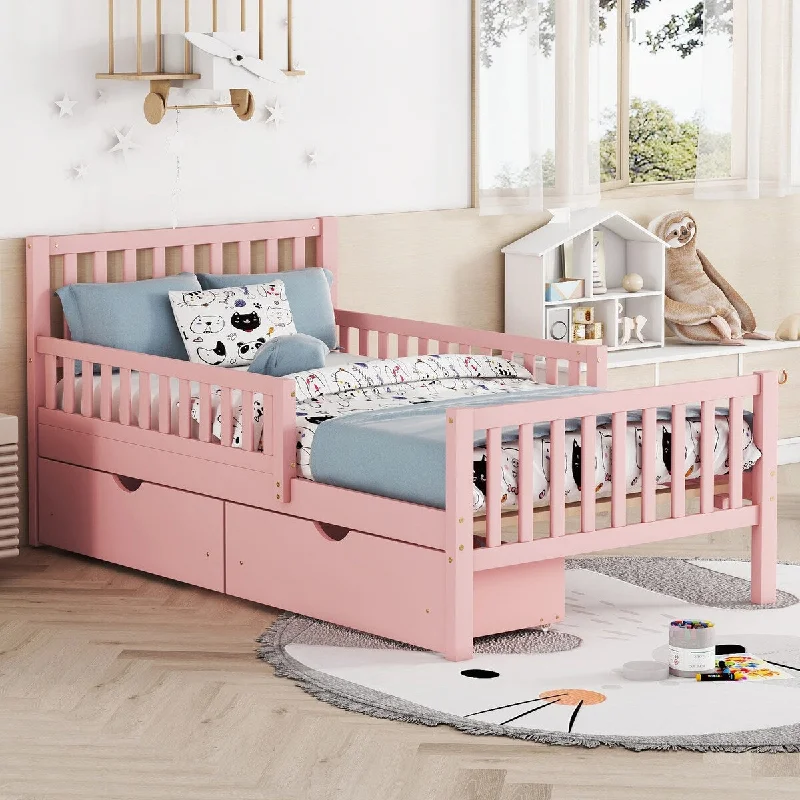 Pink Twin Platform Bed with Guardrails and 2 Storage Drawers