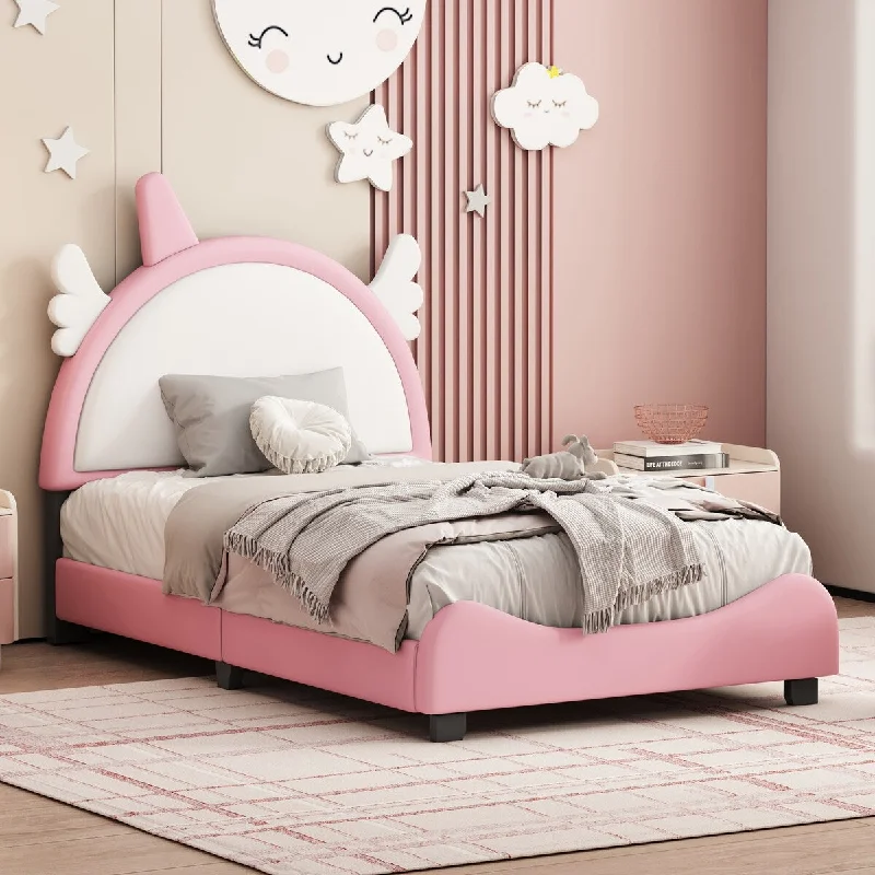 Pink Twin PU Upholstered Platform Bed with Unicorn Headboard