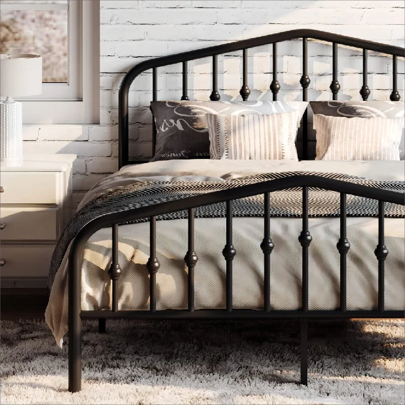 Queen Size Metal Platform Bed Frame with Victorian Style Wrought Iron-Art Headboard/Footboard, No Box Spring Required