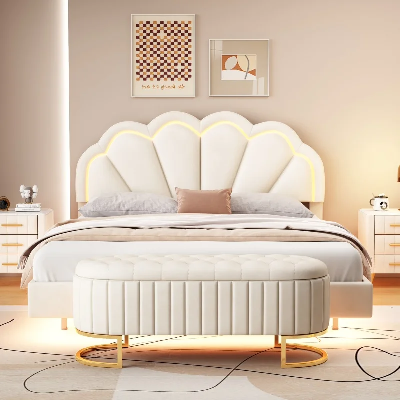 Queen Velvet Upholstered Platform Bed w/Storage Ottoman & LED, Beige