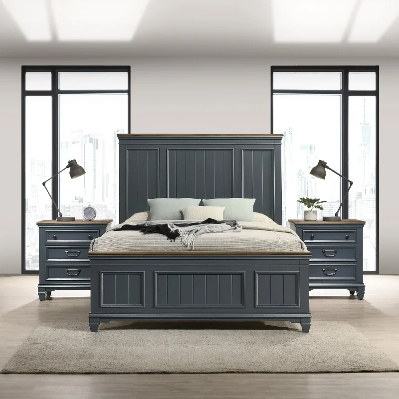 Roundhill Furniture Clelane 3-Piece Wood Bedroom Set, Shiplap Panel Bed and 2 Nightstands