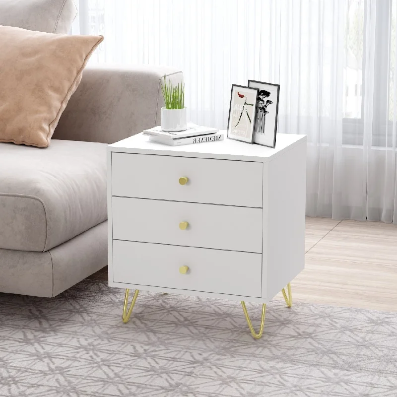 Timechee Nightstand Bedside Table Wood 3-Drawer with Metal Leg, White