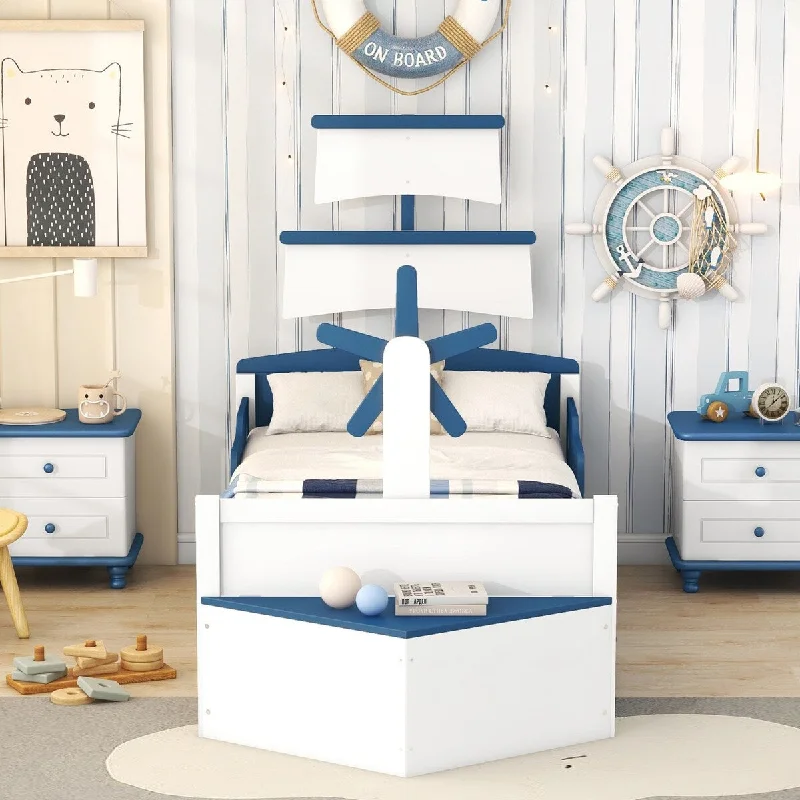 Twin Boat-Shaped Bed wTrundle Bed, Triangular Storage Cabinet - Blue