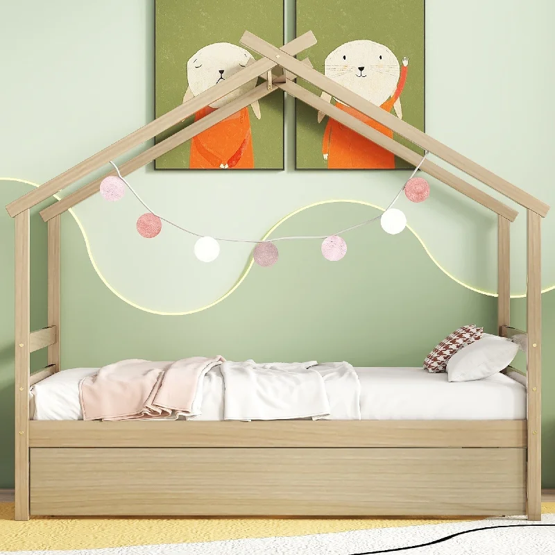 Twin House Bed & Twin Trundle Bed, House Shaped Bed Frame Natural Finish Platform Bed for Kids Toddler (No Box Spring Needed)