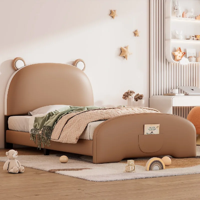 Twin Leather Upholstered Bed w/Bear-shaped Headboard, Pocket - Brown