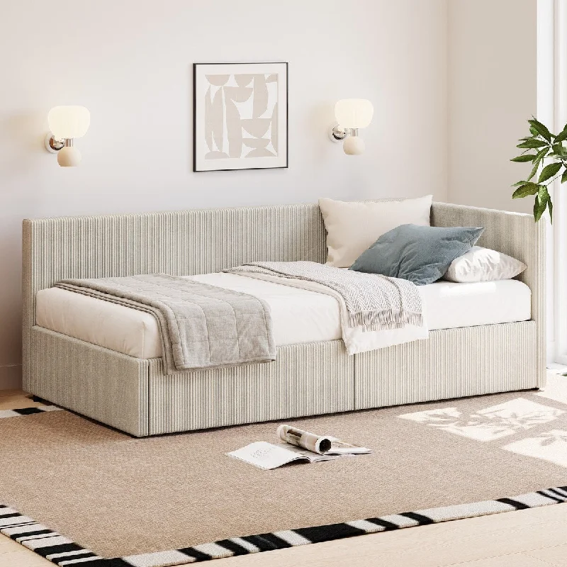 Twin Size Corduroy Upholstered Daybed with Vertical Striped Design, L Shape Corner Bed with 2 Storage Drawers