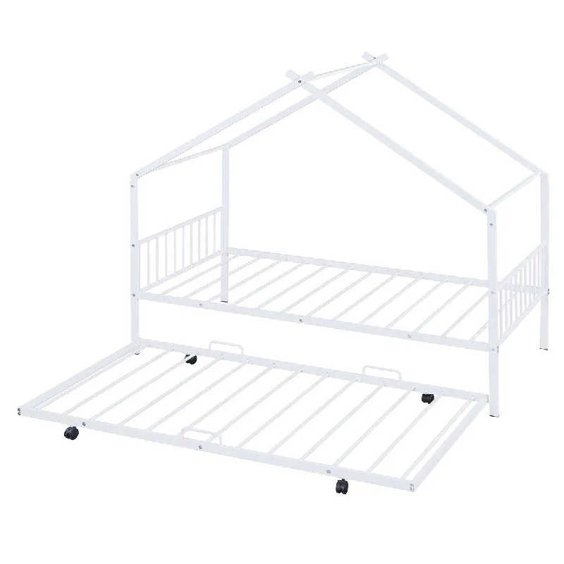 Twin Size Metal House Bed with Twin Size Trundle, White