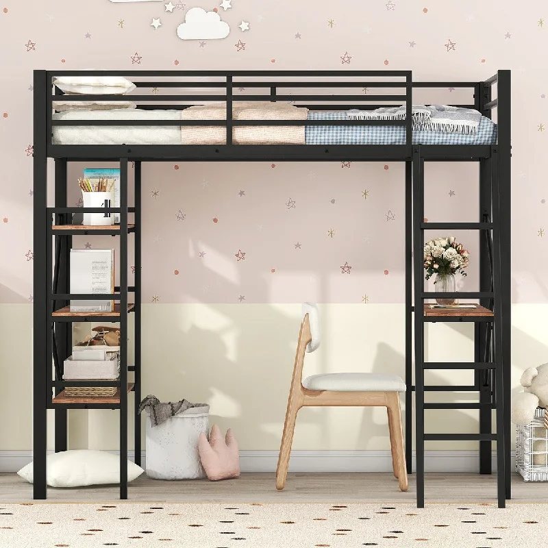 Twin Size Metal Loft Bed Frame with Desk, 3 Shelves, Ladder, Guardrail