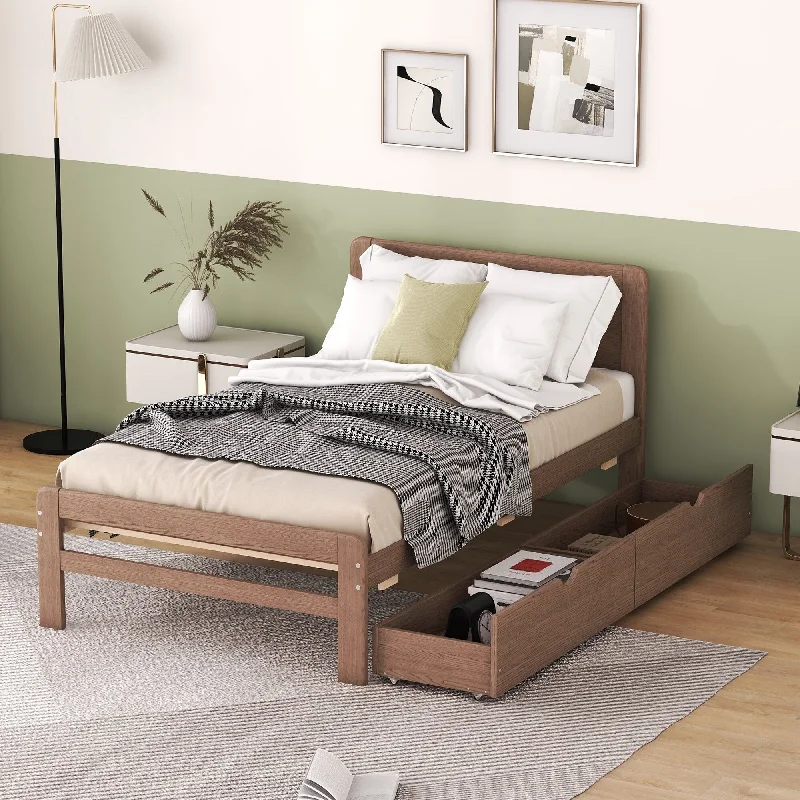 Twin Size Platform Bed with 2 Drawers, Concise Kids Bed, Walnut