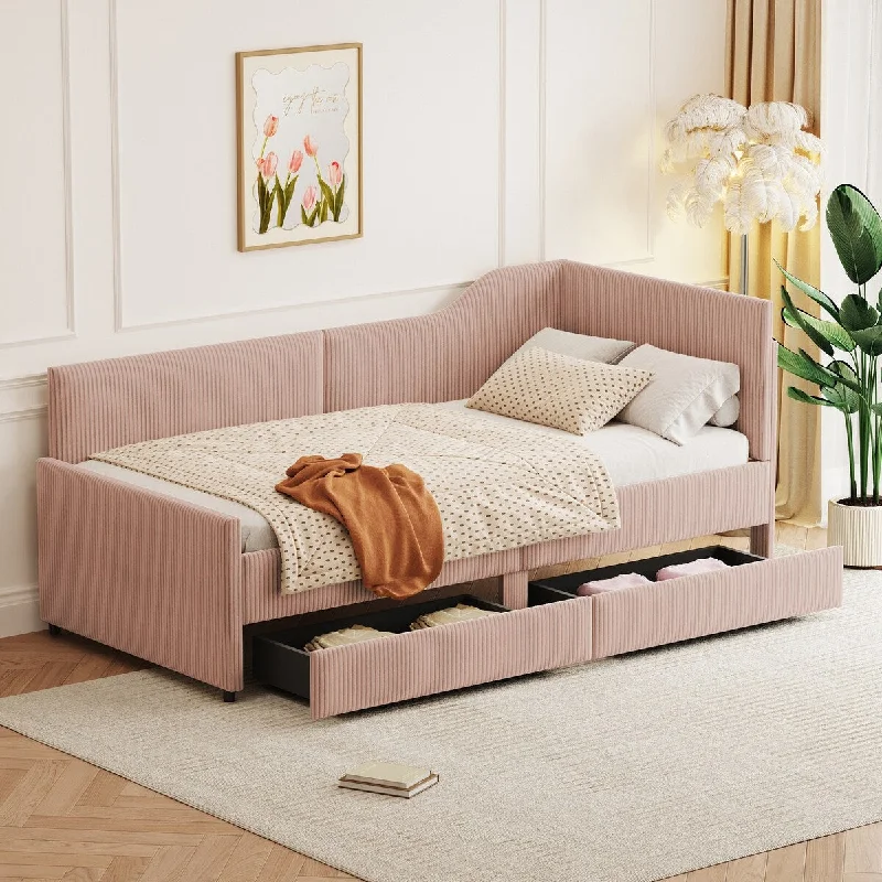 Twin Size Upholstered Daybed with 2 Storage Drawers, L-Shaped Corduroy Sofa Bed Frame w/Wood Slat Support, Wooden Low Sofa Bed