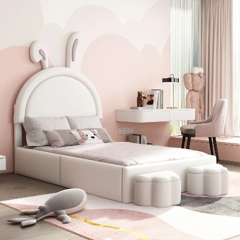 Twin Size Velvet Upholstered Bed with Rabbit Ears Shaped Headboard, Kids Cute Bed Frame, Platform Bed with 2 Storage Stools