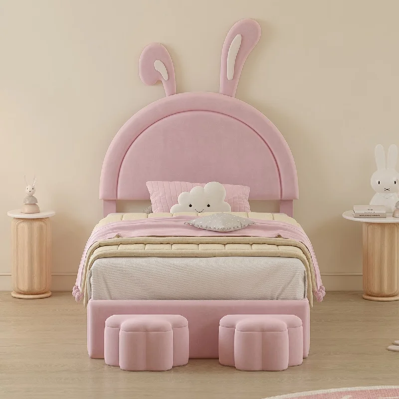 Twin Velvet Platform Bed wStorage Stools, Rabbit Ears Headboard, Pink