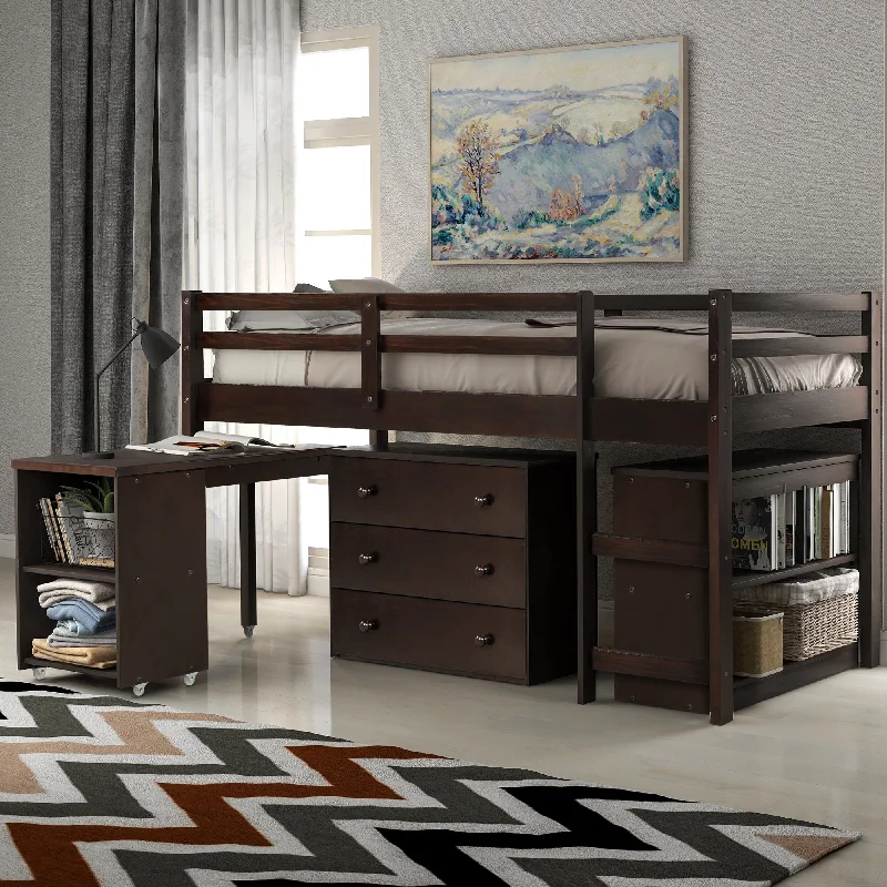 Unisex Twin Size Loft Bed Frame, Espresso Wooden Low Bed Frame with Cabinet, Shelves and Rolling Portable Desk