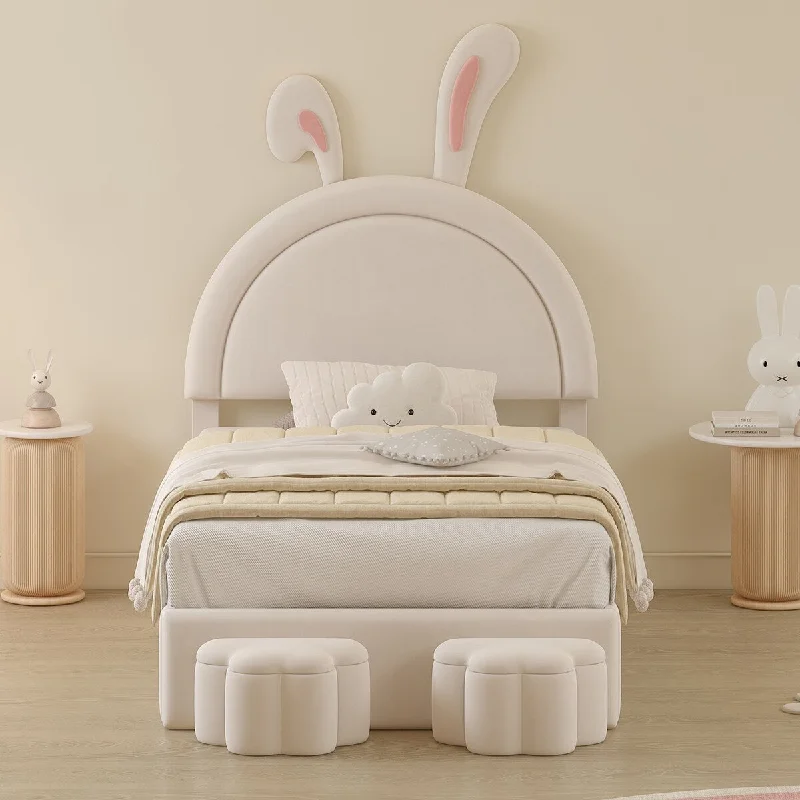 Velvet Upholstered Platform Bed wStorage Stools, Rabbit Ears Headboard