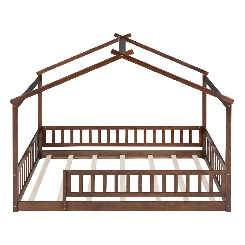 Walnut Full Playhouse House Bed with Fence, Roof, Pine Frame