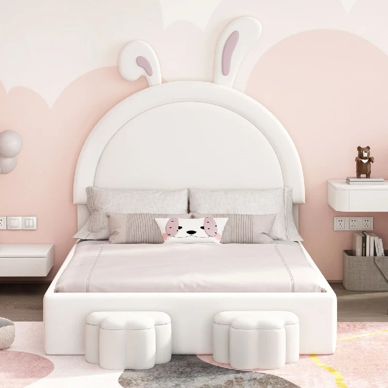 White Full Velvet Platform Bed wStorage Stools, Rabbit Ears Headboard