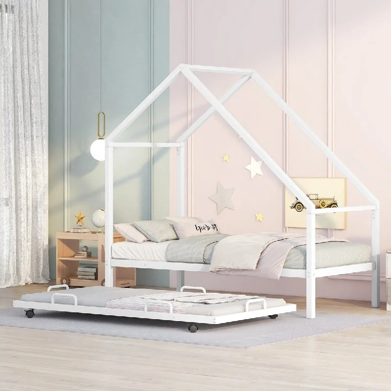 White Metal House Bed with Trundle