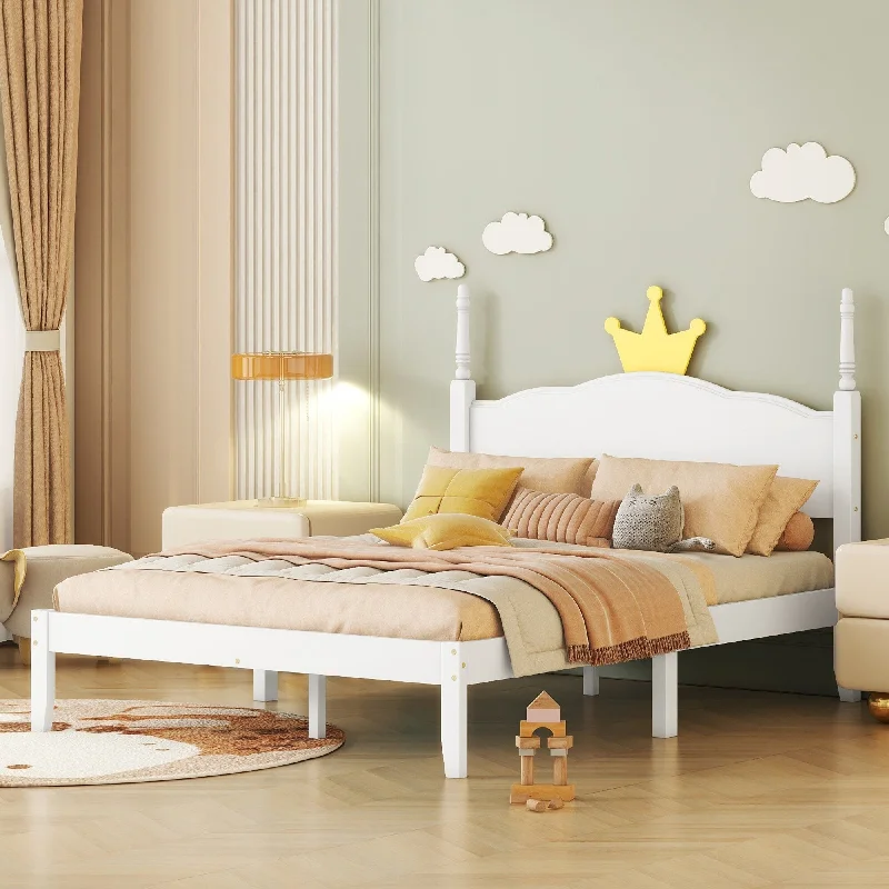 White Pine Wood Full Platform Bed with Crown Headboard