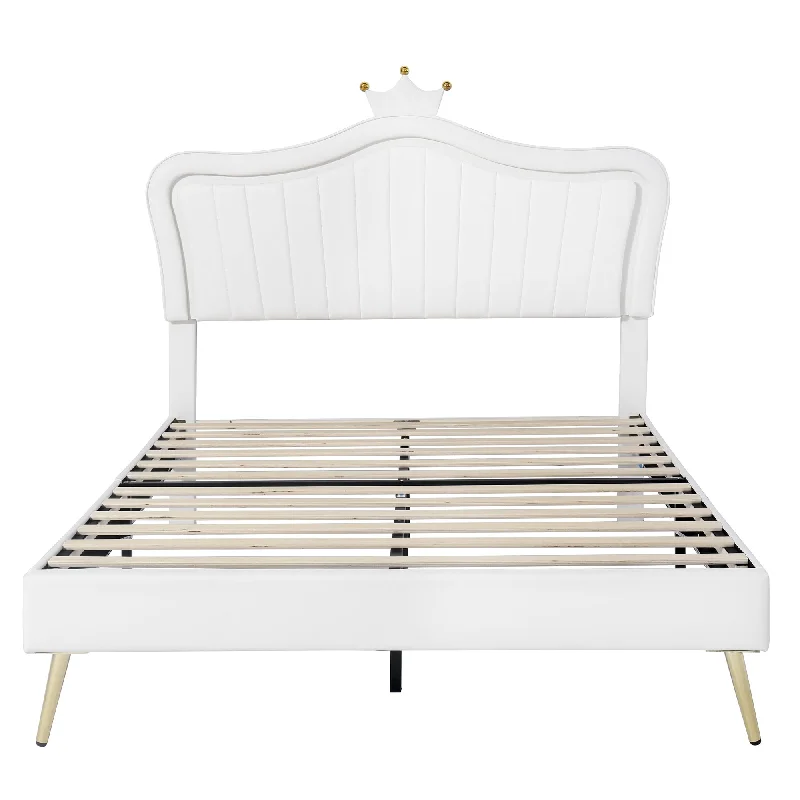 White Queen Princess Platform Bed with LED Crown Headboard