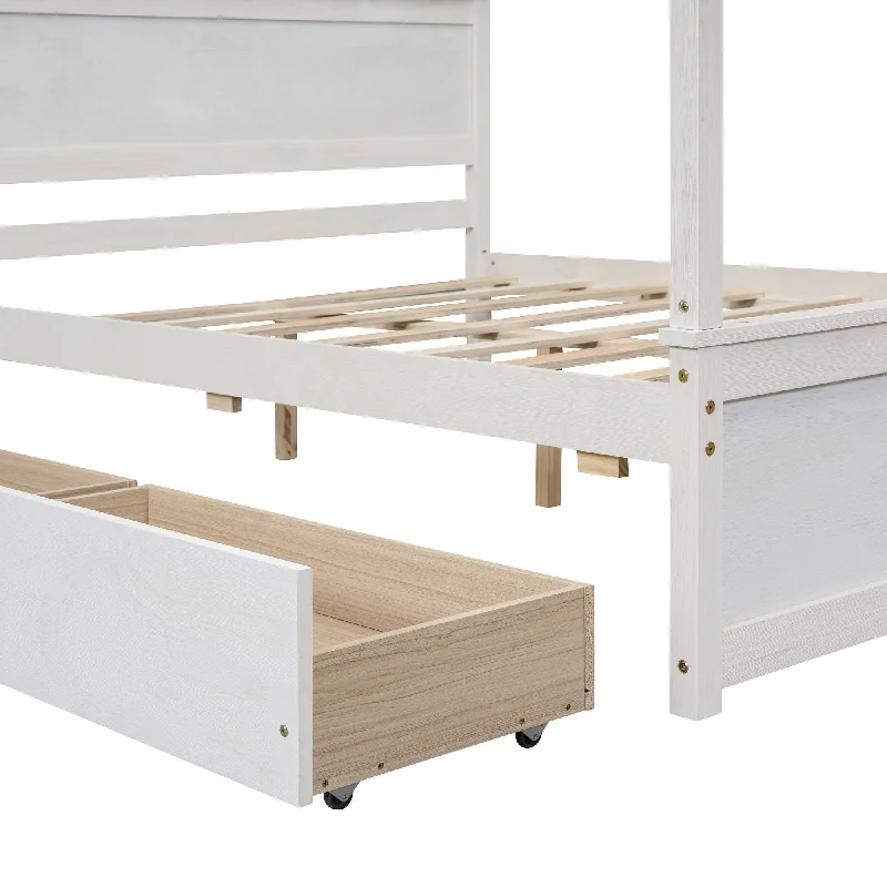 Wood Canopy Bed with two Drawers, Full Size Canopy Platform bed With Support Slats .No Box Spring Needed