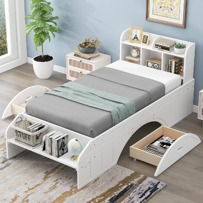 Wood Twin Size Platform Bed with 2 Drawers and Storage Headboard