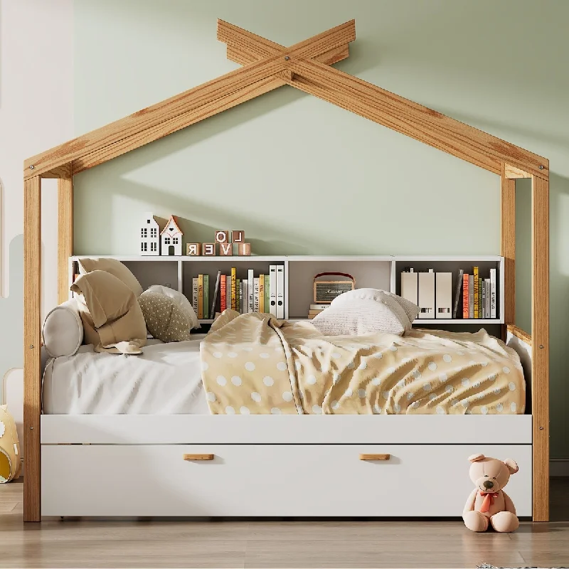 Wooden Twin Size House Bed with Twin Size Trundle and Bookshelf