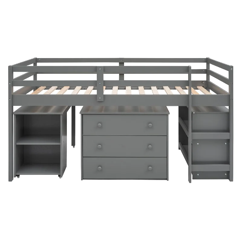 Wooden Twin Size Low Bed Frame with Cabinet, Shelves and Rolling Portable Desk, Grey Loft Bed Frame for Kids, Teens