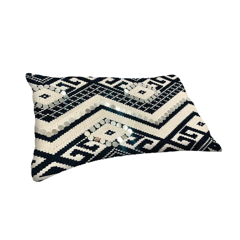 12 x 20 Rectangular Cotton Accent Lumbar Pillow, Classic Aztec Pattern, White, Black